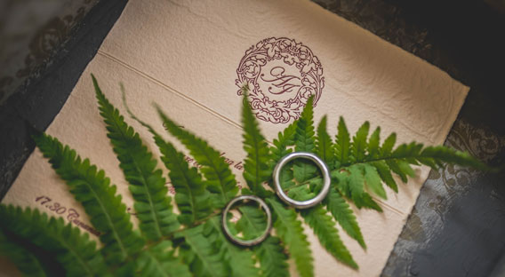 A crinkled paper wedding invitation with the rings and a fern leaf resting on top.